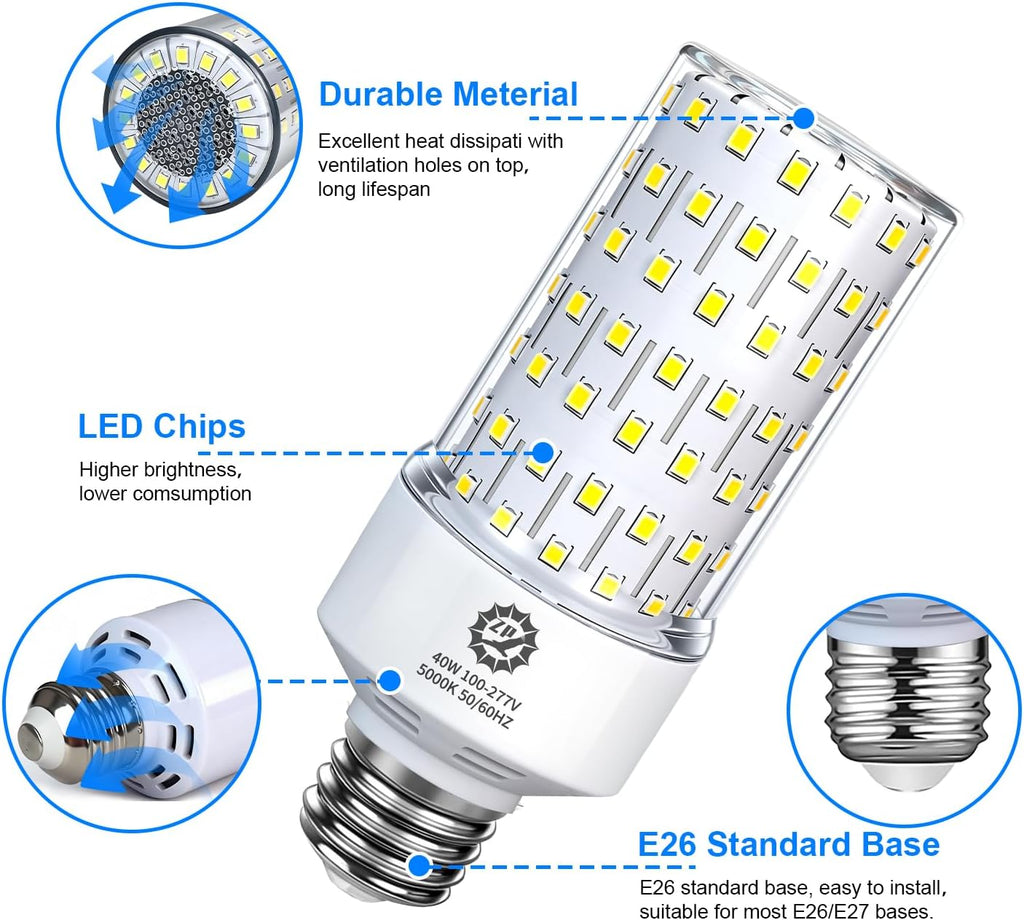 ZP 40W LED Light Bulb 2 Pack Corn Bulb 5000K Daylight Bulb E26 Base