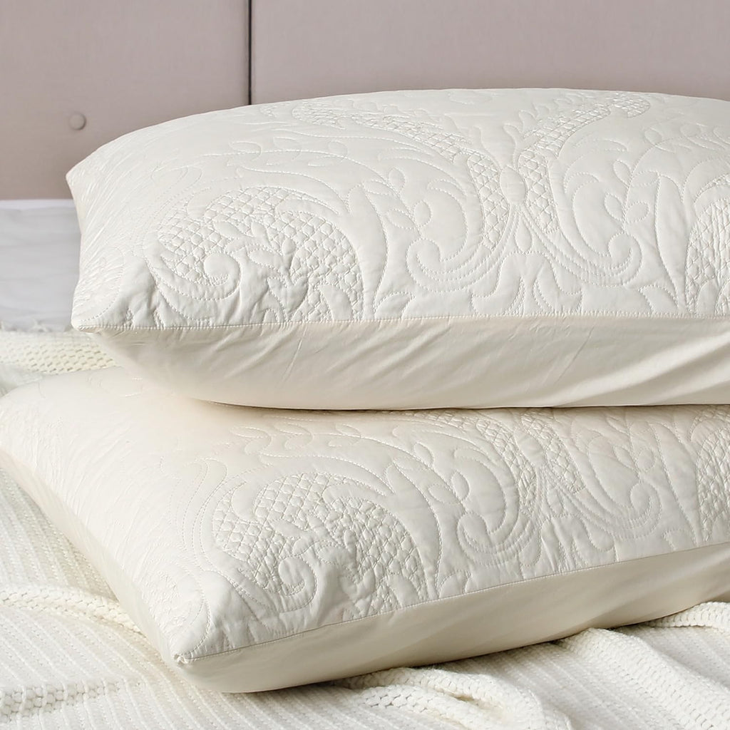 Quilted Pillow Shams Damask Ivory King Set of 2 Embroidered Cotton Cream