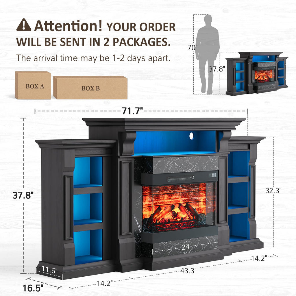 72" Electric Fireplace TV Stand w/ 3-Side Glass Heater, Marble Finish