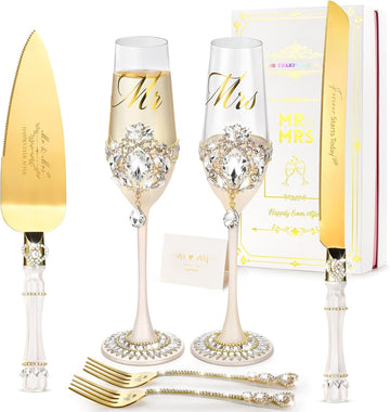 Wedding Cake Cutting Set, Luxury Handcrafted Crystal Champagne Flutes with Gold Petal Rhinestones and Pendant