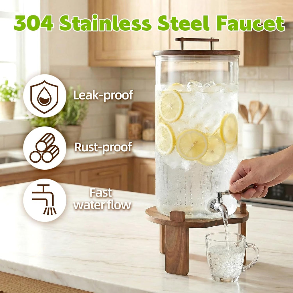 Beverage Dispenser, 2.1Gallon Glass Drink Dispenser with Stand, Stainless Steel Spigot