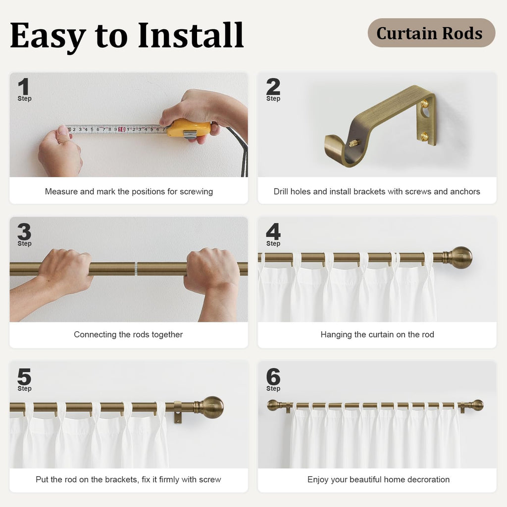Antique Bronze Curtain Rods for Windows 48 to 84 Inch 1" Diameter Adjustable Heavy Duty Brass Window Curtain Rod with