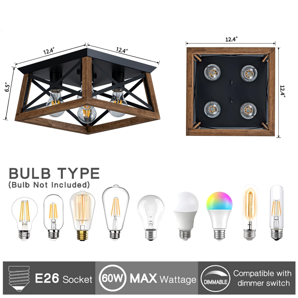 4-Light Famrhouse Light Fixture, Rustic Ceiling Light with Wood and Metal Frame, Farmhouse Flush Mount Ceiling Light