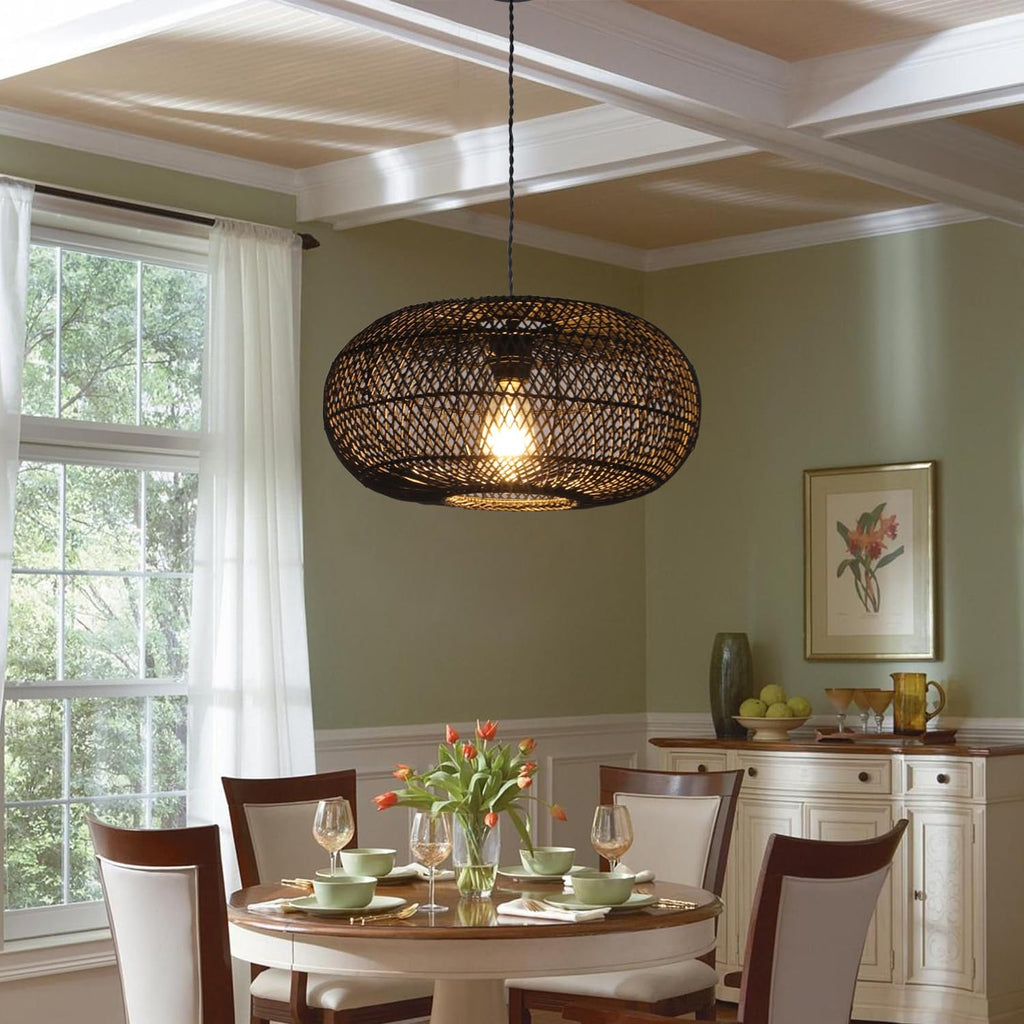 Rattan Pendant Light 15.75" 1-Light Hand-Woven Bamboo Rattan Hanging Lamp Large Globe Wicker Chandelier Modern