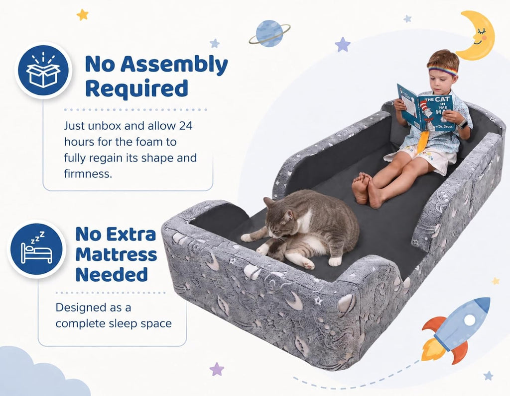 Toddler Floor Bed, All-Foam Kids Bed with Guardrails, for Ages 2-7