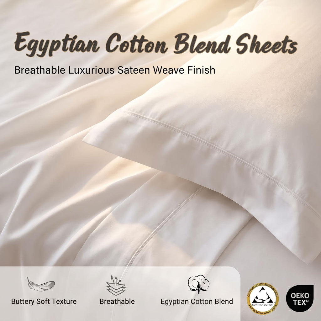 Egyptian Cotton 300 Thread Count Bed Sheet Set, 1 Elastic Deep Pocket Fitted Sheet, 1 Flat Sheet, 2 Pillowcases