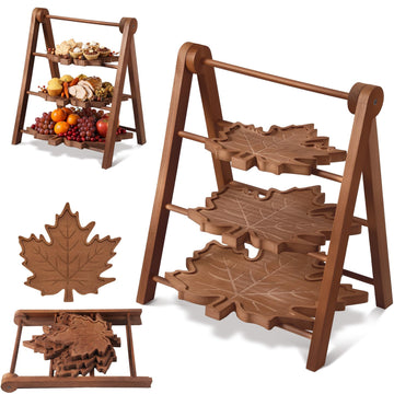 3 Tier Maple Leaf Serving Tray with 16" Collapsible Ladder Stand