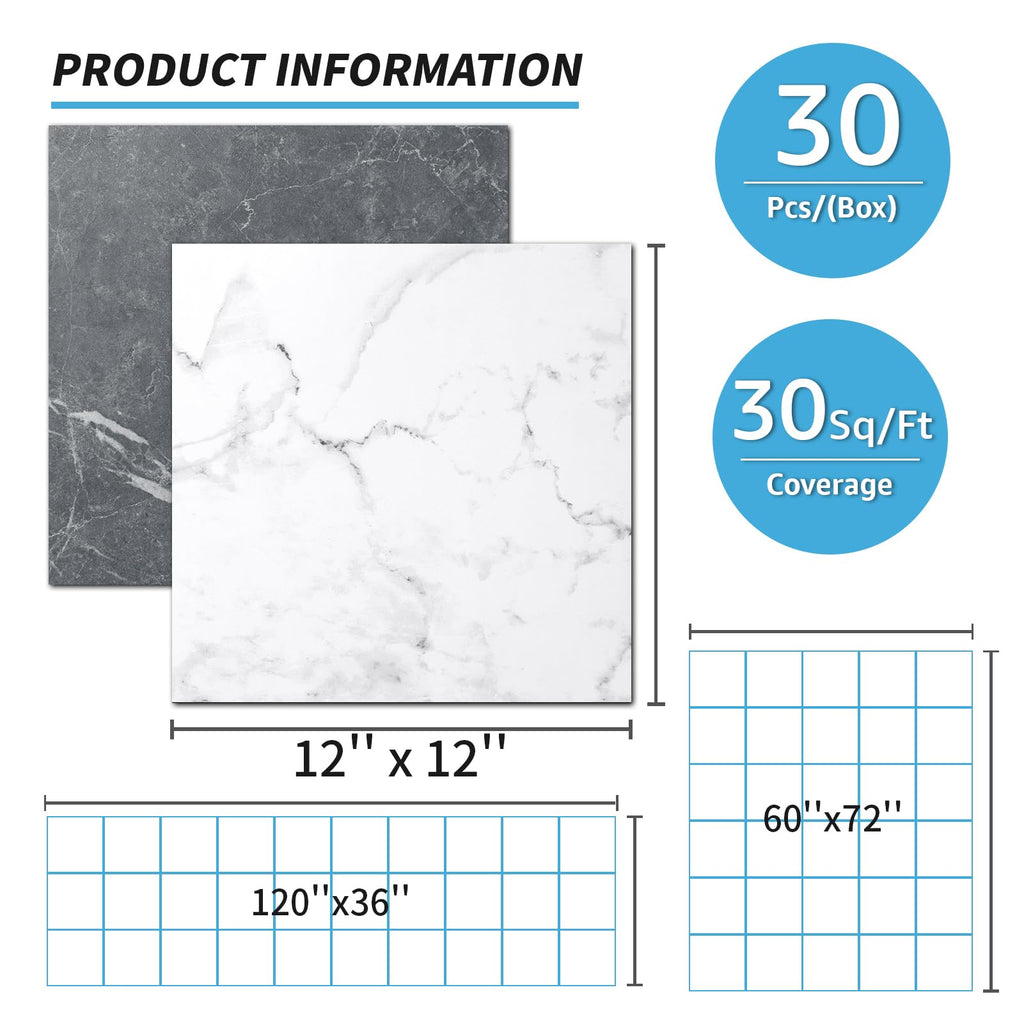 30-Pack Peel and Stick Vinyl Floor Tiles, Black & White Marble