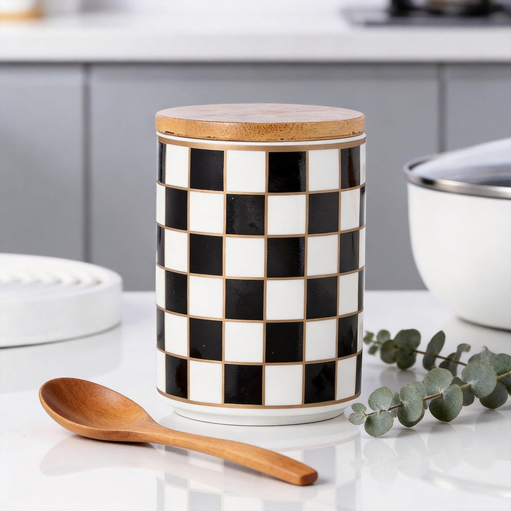 Kitchen Countertop Ceramic Checkered Canisters,Black And White Food Storage Containers With Lid,Airtight Kitchen