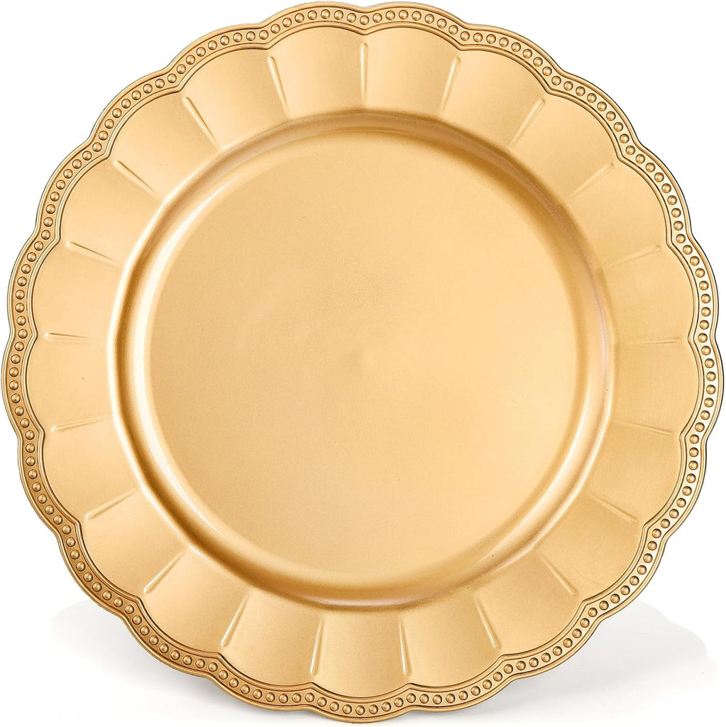Inch Gold Charger Plates, Glam Dinner Chargers, Heavy Duty and Reusable Plastic Plates for Wedding - Set of 12