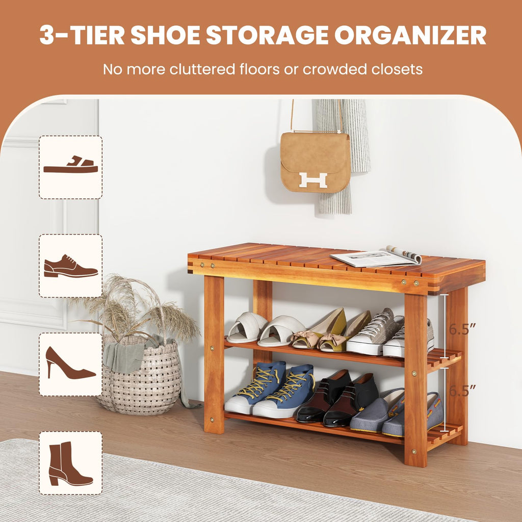 Acacia Wood 3-Tier Shoe Rack Bench, Walnut