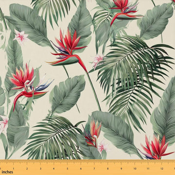Vintage Palm Fabric by The Yard, Red Floral Decorative Fabric, Hawaiian Theme Upholstery Fabric for Chairs