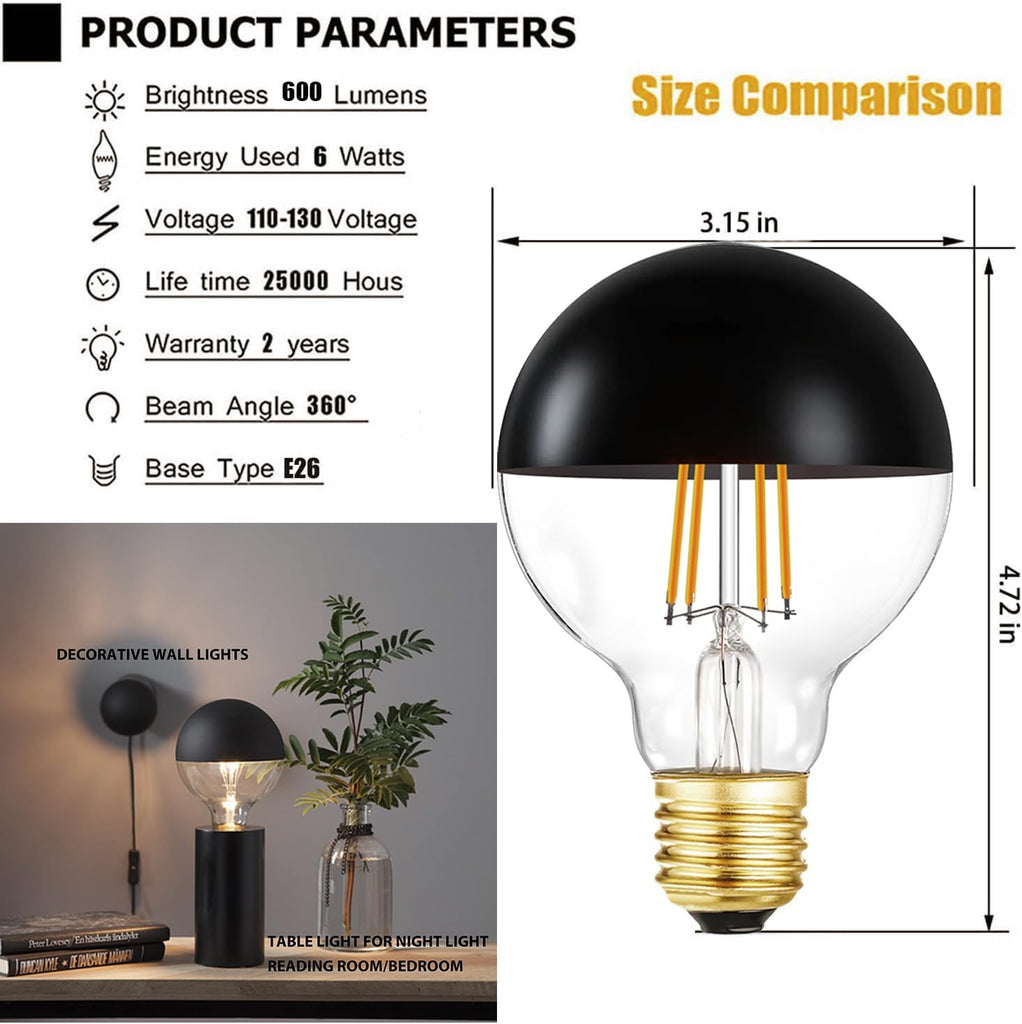 Half Chrome Light Bulb,6W (60W Equivalent) Dimmable LED Edison Bulbs,G80/G25 Globe Shape Decorative,Half Black