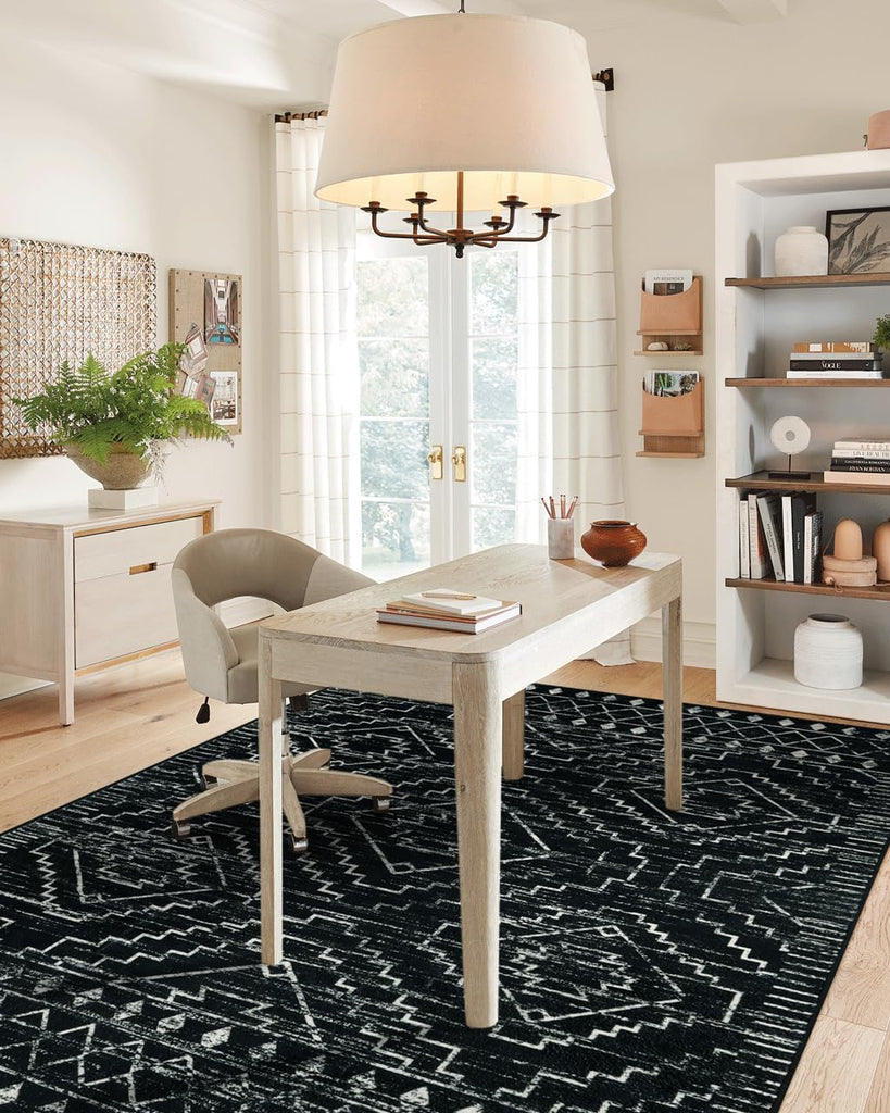 Moroccan Washable Rug 4x6, Black Boho Living Room Area Rug, Non-Slip Farmhouse Bedroom Carpet Dorm Room Throw Rug