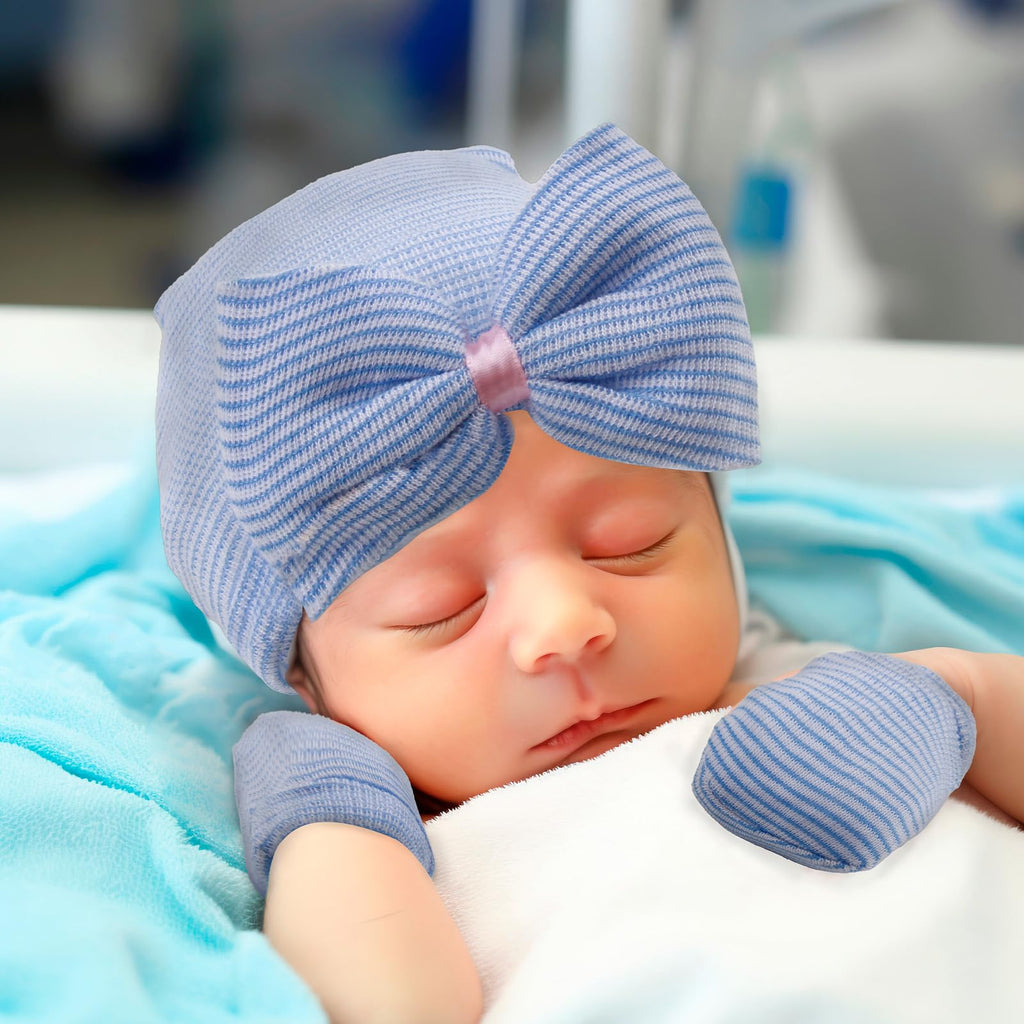 Newborn Baby Girl Hats Mittens and Baby Grip Socks Set Bows Caps Beanies Baby Non Slip Socks Cotton Gloves for