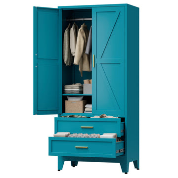 71" Tall Metal Wardrobe Cabinet with 2 Drawers and Hanging Rod, 2 Doors Armoire Wardrobe Closet with Shelf, Laundry