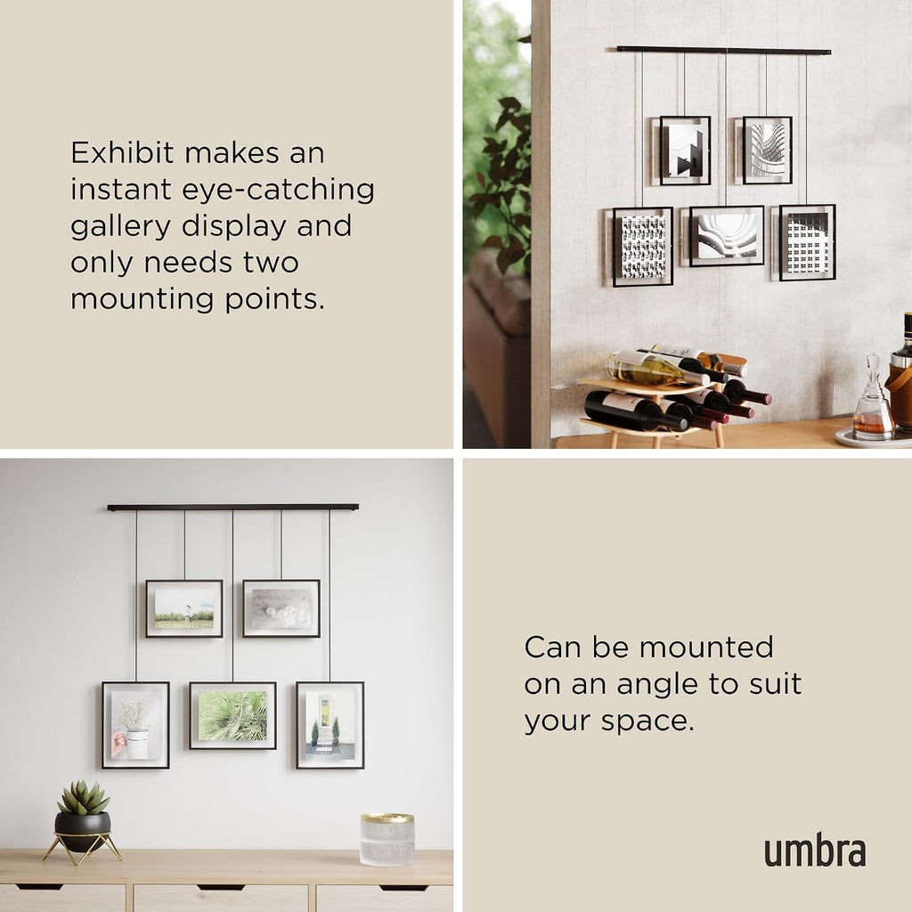 Exhibit Picture Frame Set, Adjustable Wall Mount, Set of 5, Black | Steel construction, customizable layout
