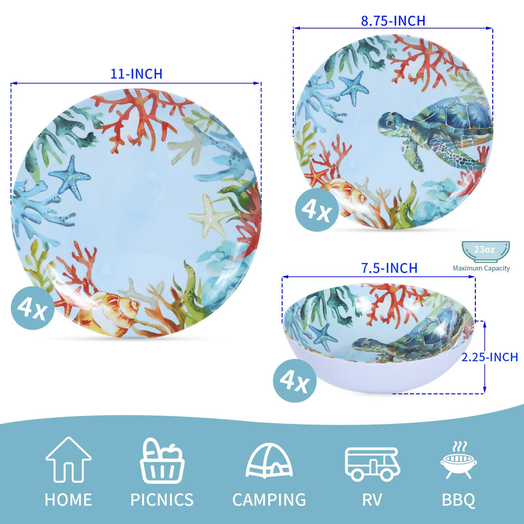 12-Piece Turtle Melamine Dinnerware Set, Ocean Plate and Bowl Sets