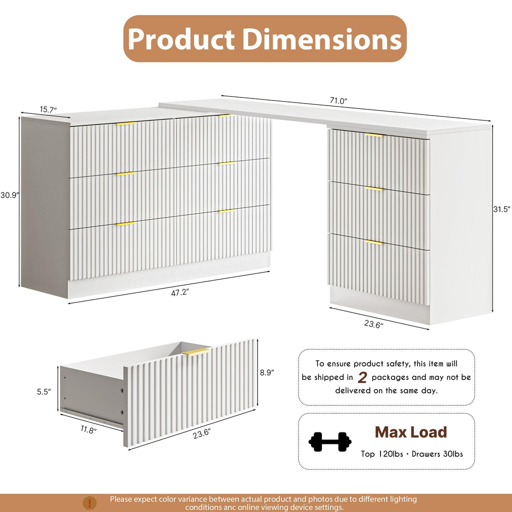 L-Shaped Rotatable 9 Drawer Dresser, 71" Wide Deformable White Dresser with Gold Metal Handles, Modern Fluted Chest