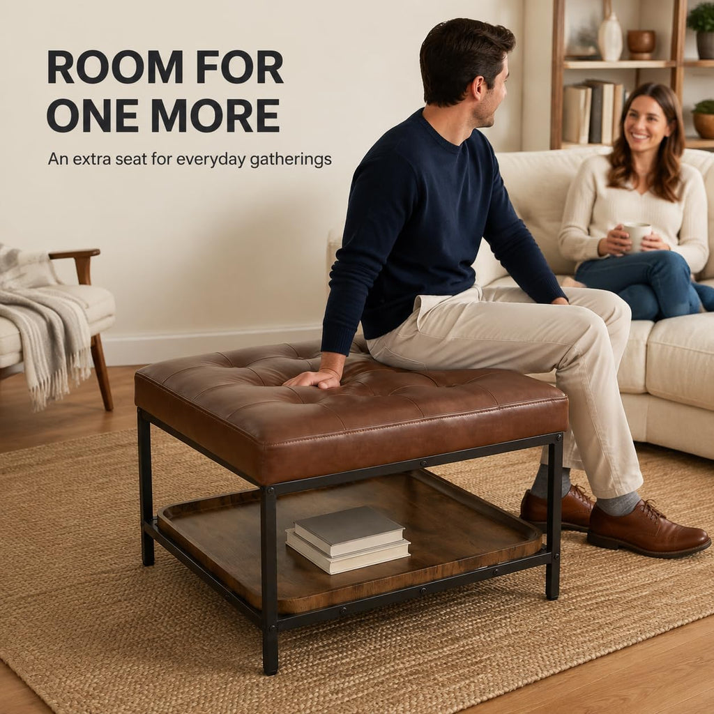Square Ottoman Coffee Table with Storage Bench, Brown Faux Leather