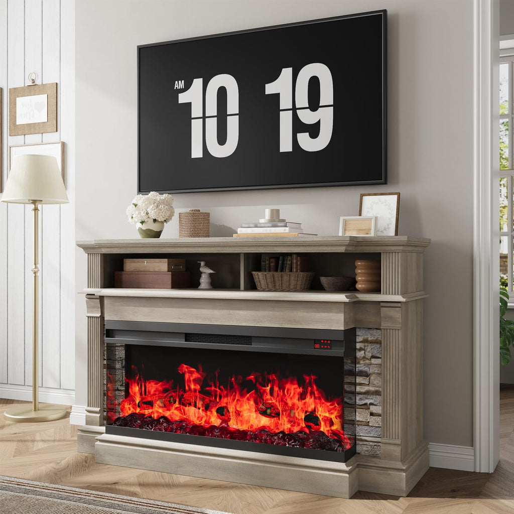 Fireplace TV Stand for TVs up to 65", Farmhouse 52" Fireplace Entertainment Center with 36" 3-Side Glass Electric