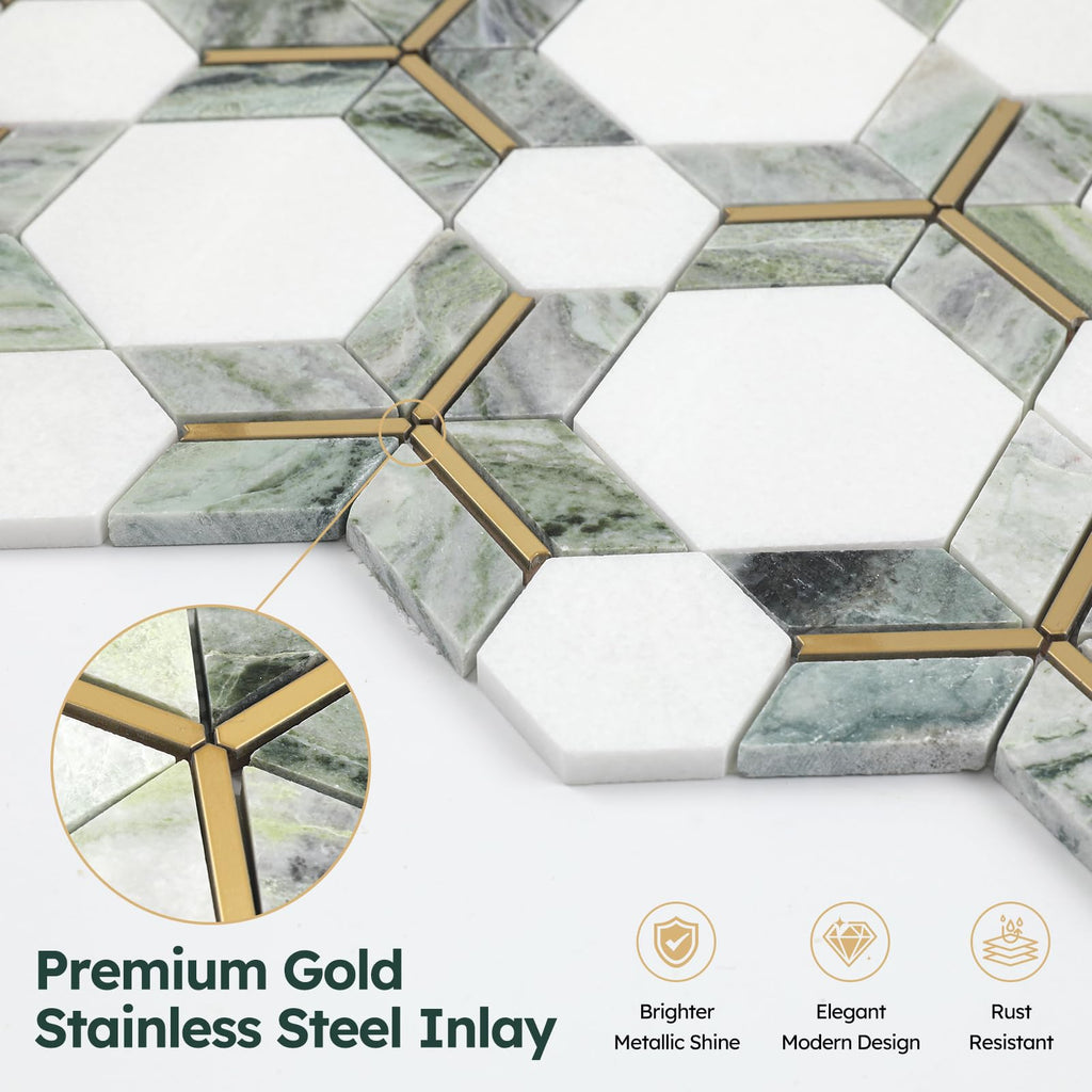 White Marble with Gold Metal Hexaong Mosaic Tile Polished, 5 Sheets