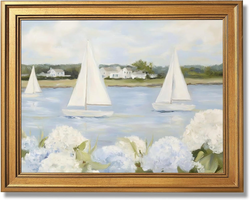 Grandmillennial Preppy Coastal Wall Art Nautical Sailboat Blue White Floral Canvas Print Vintage Seaside Beachy