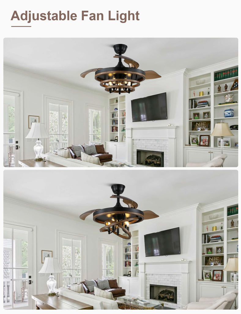 42" Retractable Chandelier Ceiling Fan with Light Rustic Farmhouse Ceiling Fan