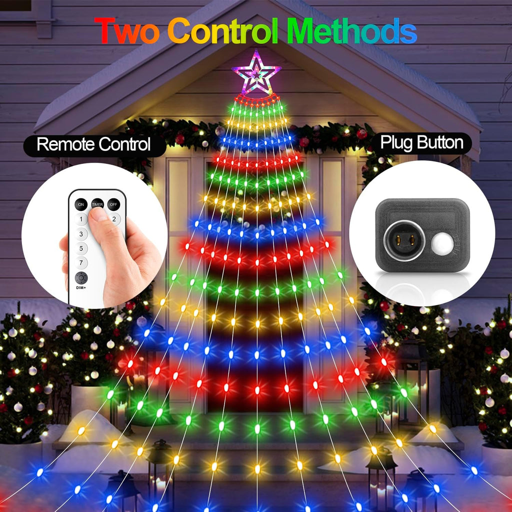Christmas Star Waterfall Tree Lights - 23ft 11 Strand 818 LED Outdoor Decorations With 8 Modes Timer Remote - Plug-in