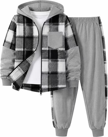 Boys 2‐Piece Sweatsuit Set, Zip‐Up Plaid Patchwork Hoodie Sweatshirt & Pants, Kids Fall Winter Outfits for 7‐