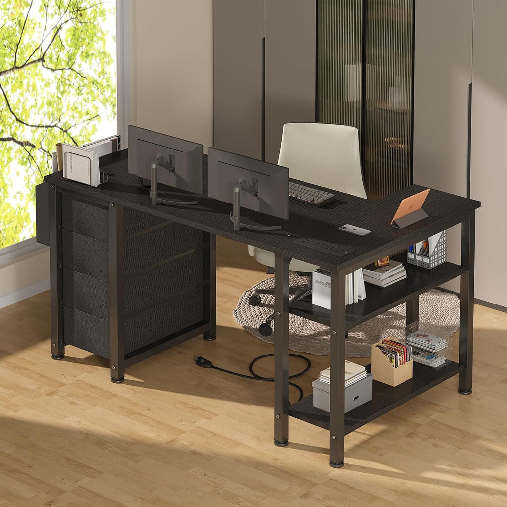 L Shaped Gaming Desk with Power Outlet, 47 Inch Reversible Corner Computer Desk with Drawers & Storage Shelves