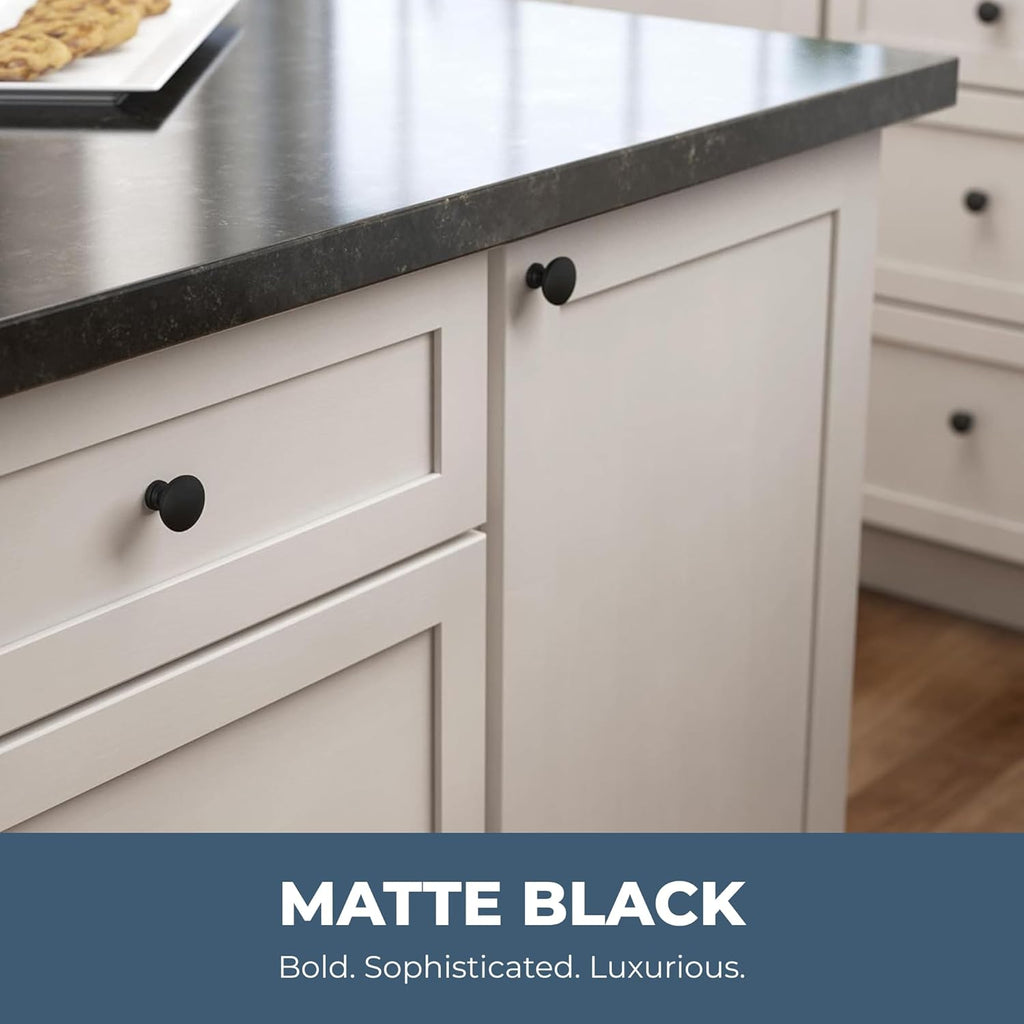 Fulton Matte Black Round Cabinet Knobs 1-3/16" Easy Install, Durable Hardware for Drawers, Dresser, Kitchen Cabinet