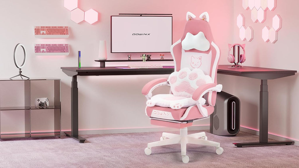 Pink Gaming Chair with Cat Ears and Massage Lumbar Support, Ergonomic Computer Chair with Footrest and Headrest