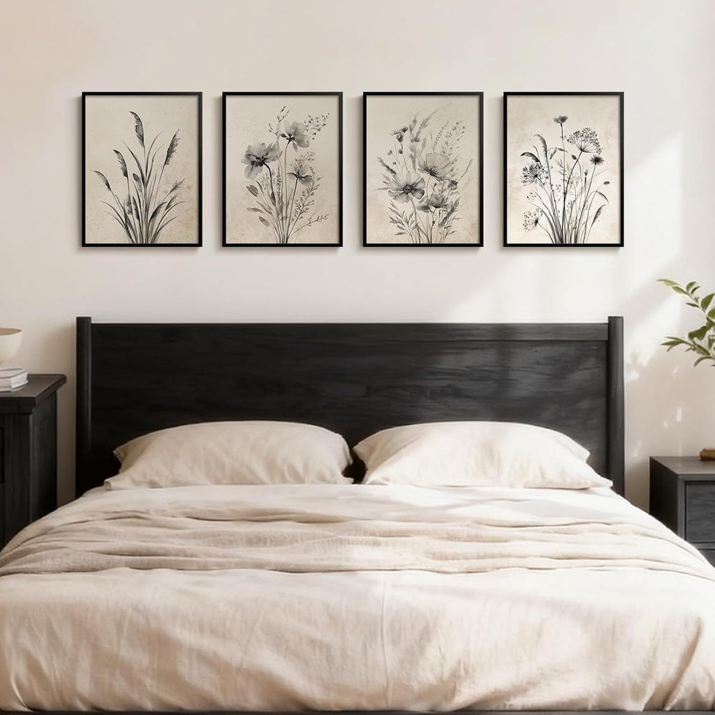 Framed Vintage Botanical Wall Art, 4 Piece Neutral Rustic Boho Floral Canvas Painting Prints for Modern Farmhouse