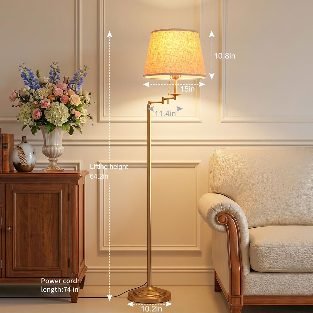 Gold Brass Swing Arm Floor Lamps with 3-Color Bulb, Eye-care Reading Light