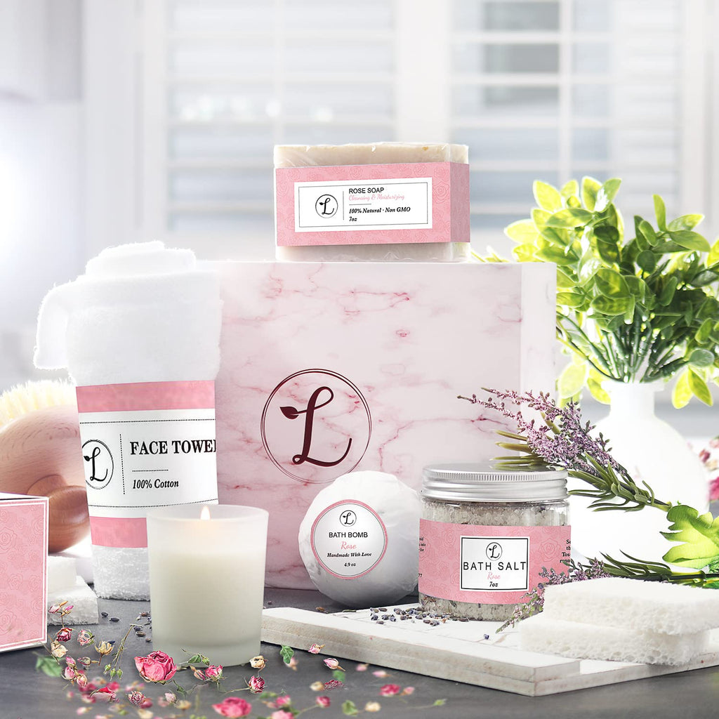 Spa Gift Set 100% Natural, Gift Box Includes: Bath Bomb, Bath Salt, Hand Soap, Scented Candle, Face Cloth and Gift