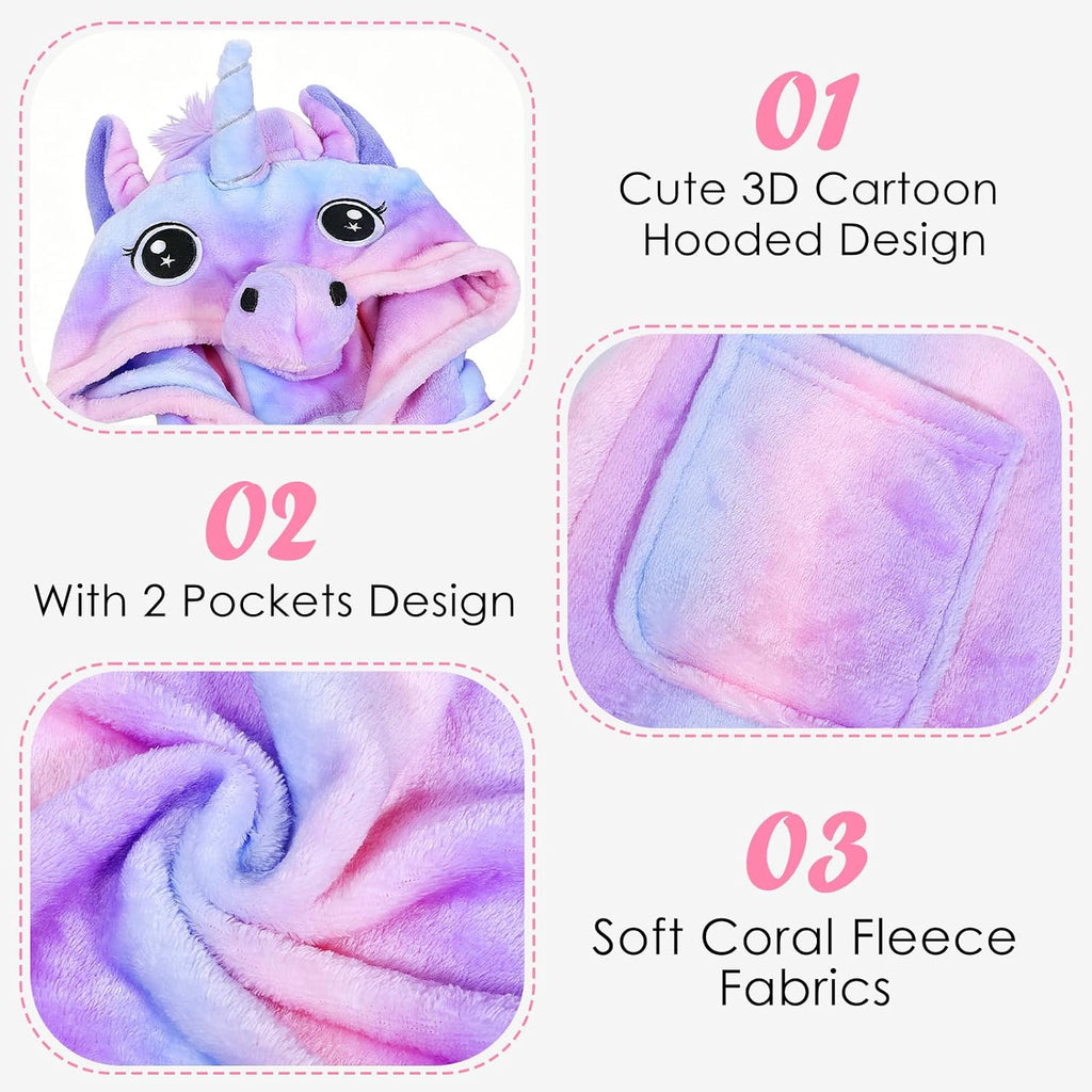 Girls Unicorn Fleece Robe, Rainbow Star Leopard Bathrobe for Kids, Coral Fleece Bath Robe With Pockets -12