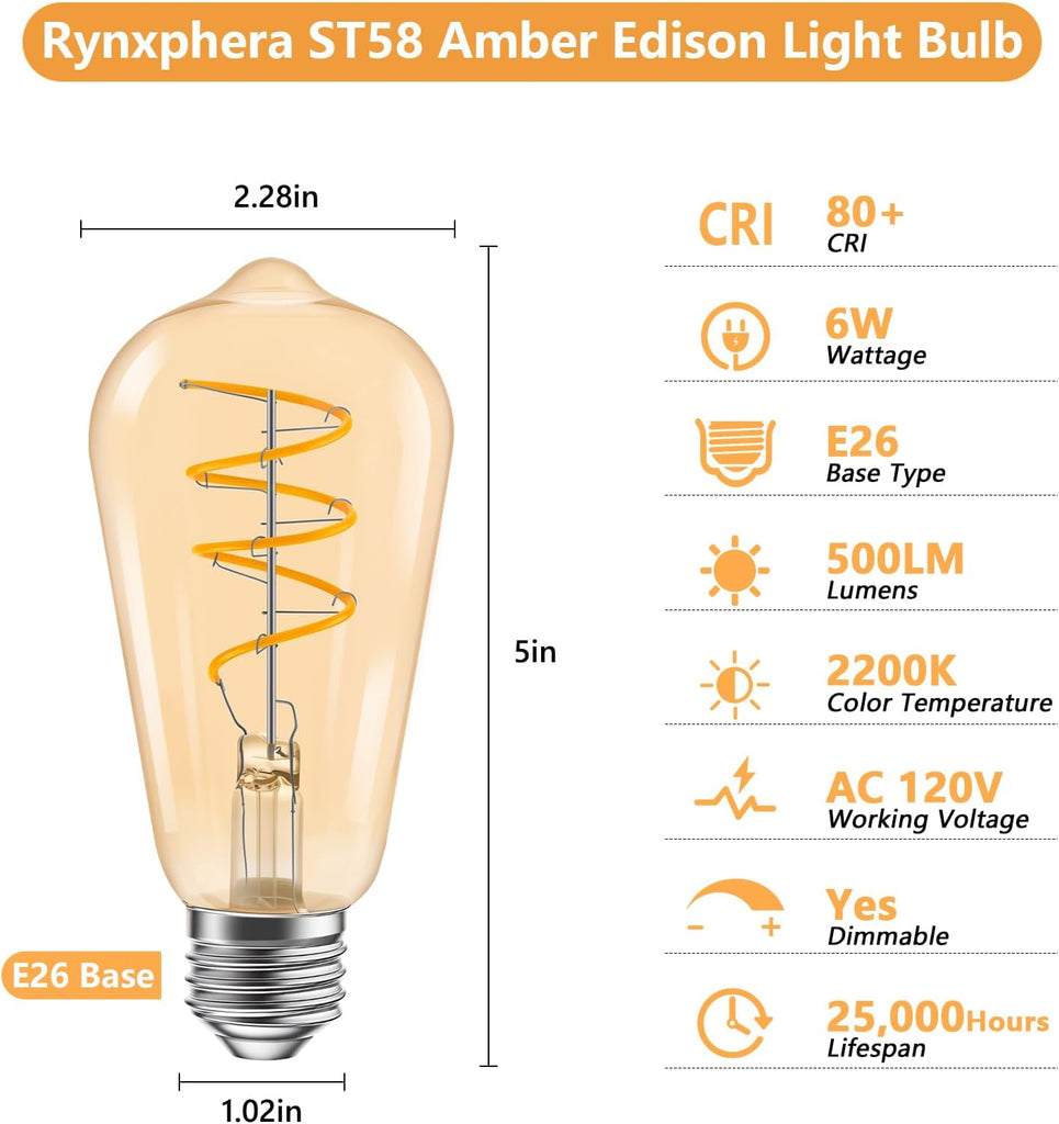 Vintage LED Edison Bulbs 60W Equivalent, 2200K Amber Light Bulbs