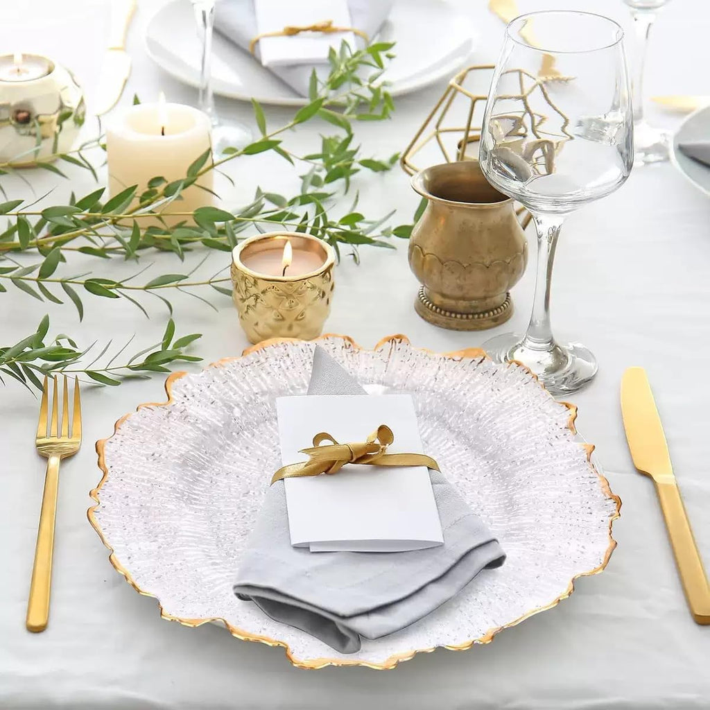 100Pcs Clear Charger Plates & Commercial Party Use 12.6in Plastic Dinner Charger Plates with Gold Beaded Rim for