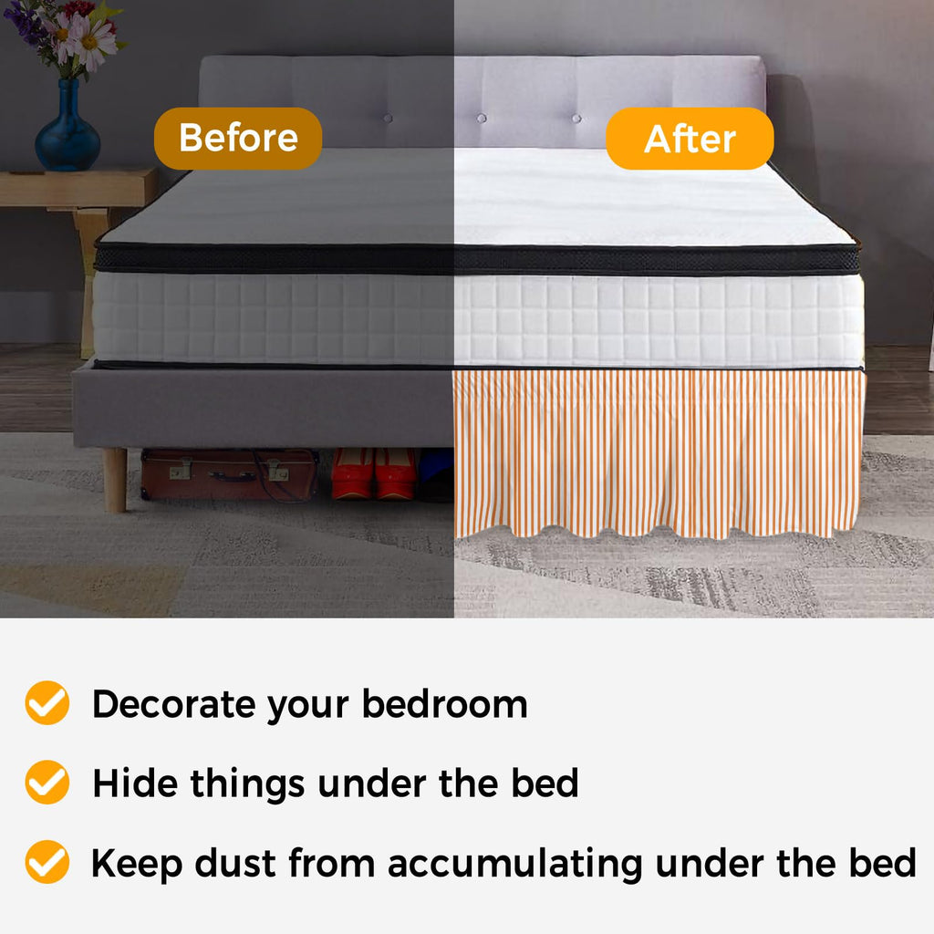 Thin Orange Striped Bed Skirt 16 Inch Drop, Adjustable & Elastic Wrap Around Bed Skirts Pleated Luxury
