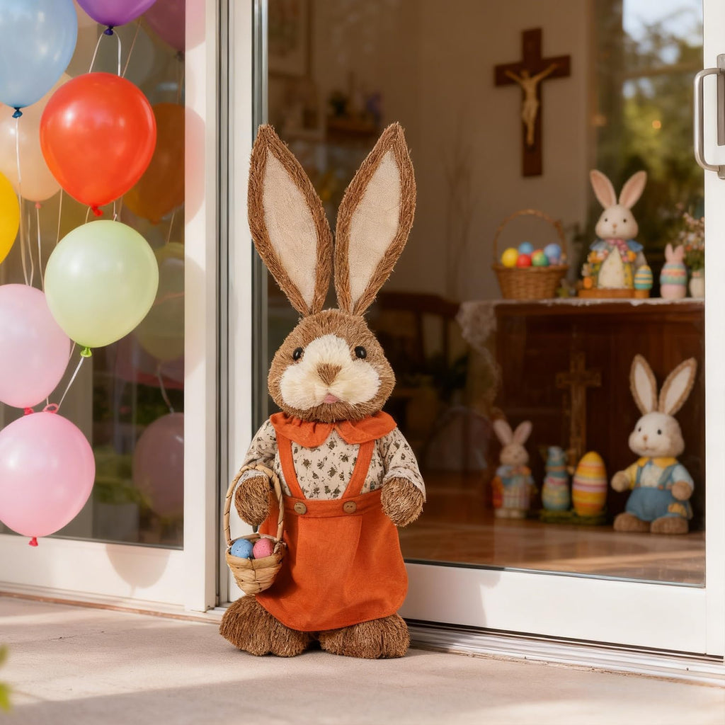 Easter Bunny Decor, 32"(2.6FT) Large Standing Sisal Rabbit Figurine, Handmade Easter Straw Mrs. Bunny Statues, Cute