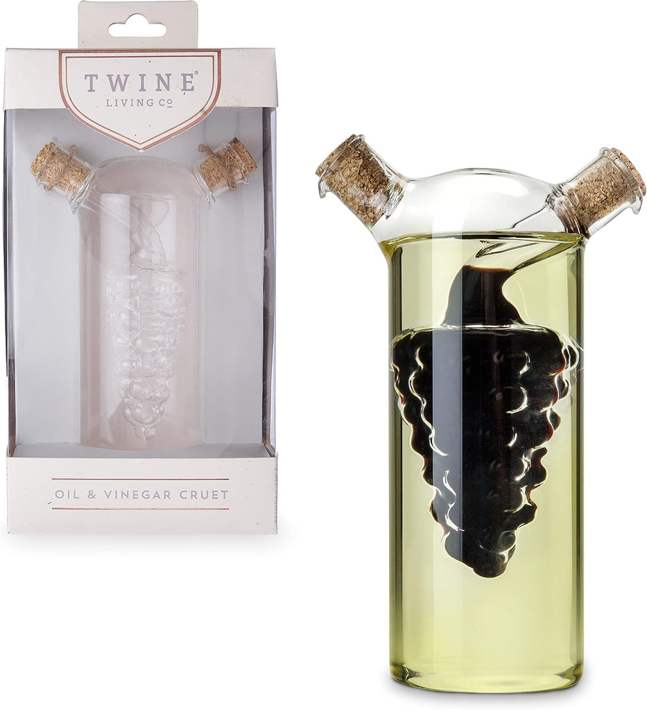 2-In-1 Oil and Vinegar Cruet Bottle with Cork Stoppers, Olive Oil and Balsamic Vinegar Dispenser, Hand Blown Glass
