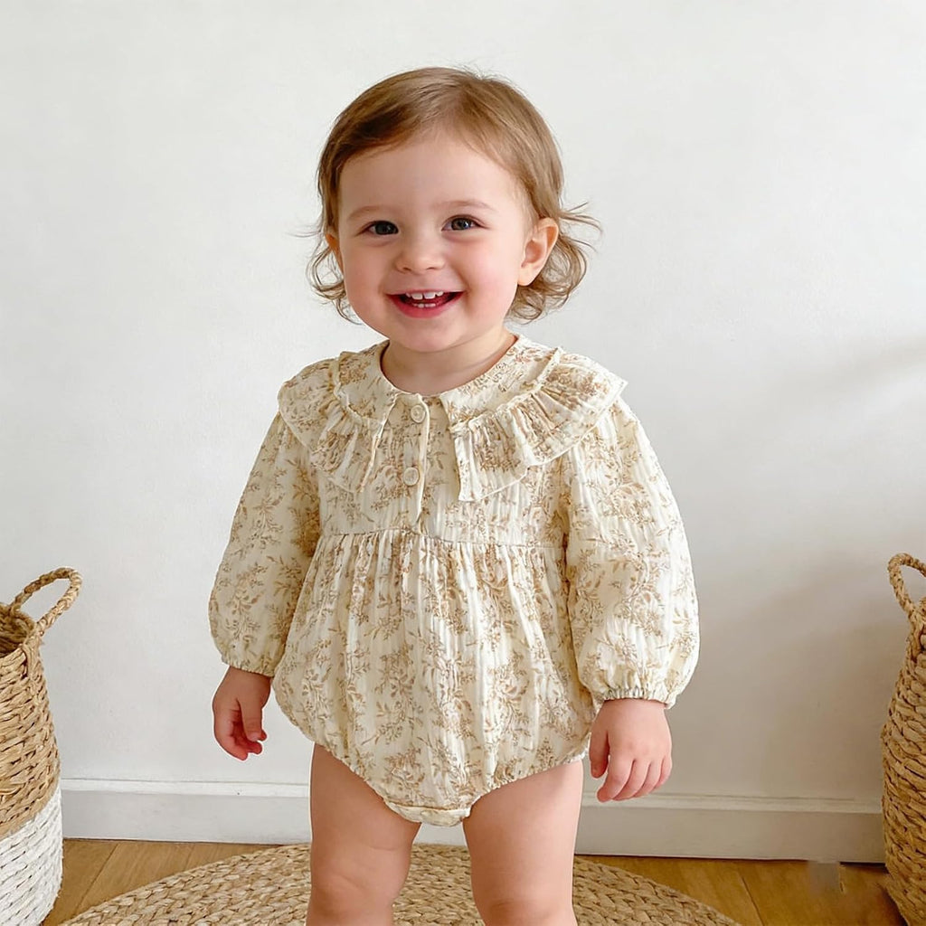 Baby Girl Floral Romper Ruffle Peter Pan Collar Bubble Sleeve Bodysuit Cotton Jumpsuit One Piece Cute Baby Outfits