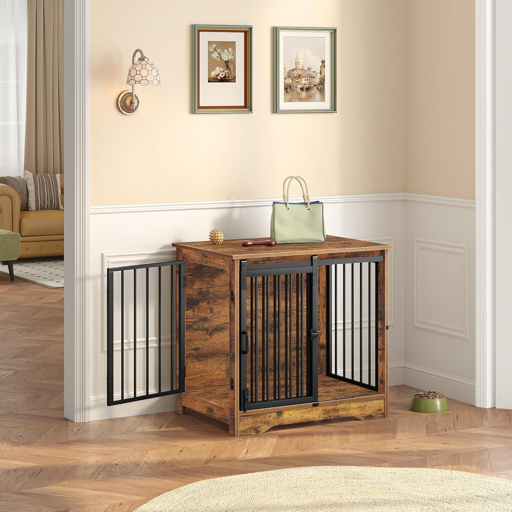 27.2" Dog Crate Furniture with Barn Door, Heavy Duty Dog Kennel Indoor with 2 Doors