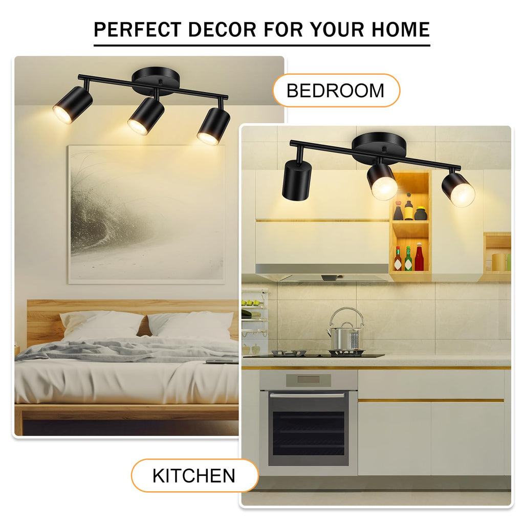 LED 3 Light Track Lighting Kit, Black 3 Way Ceiling Spot Lighting, Flexibly Rotatable Light Head, GU10 Bulb Not