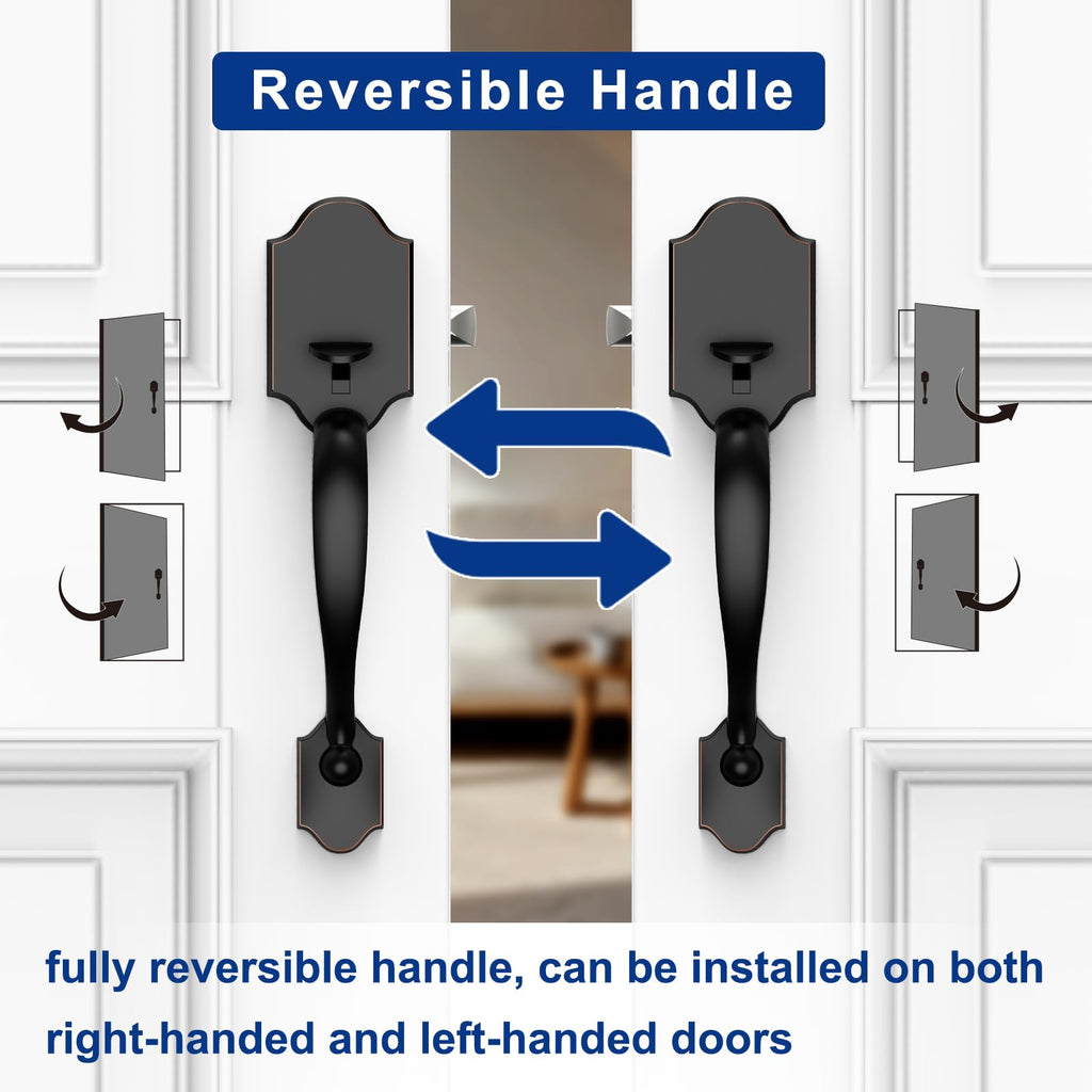 Front Door Handle No Lock, Oil-Rubbed Bronze Entry Door Lock Set with Reversible Handle, Exterior Door Lock Set