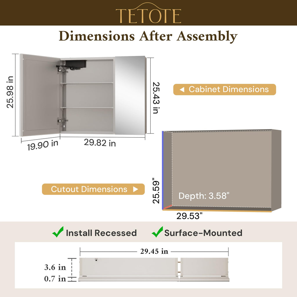 30 x 26 LED Lighted Medicine Cabinet with Mirror with Adjustable Shelves, Silver Aluminum Cabinet, Anti-Fog Stepless