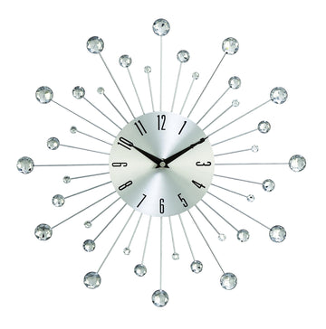 Metal Starburst Decorative Wall Clock With Crystal Accents and Room, 15" x 2" x 15", Silver