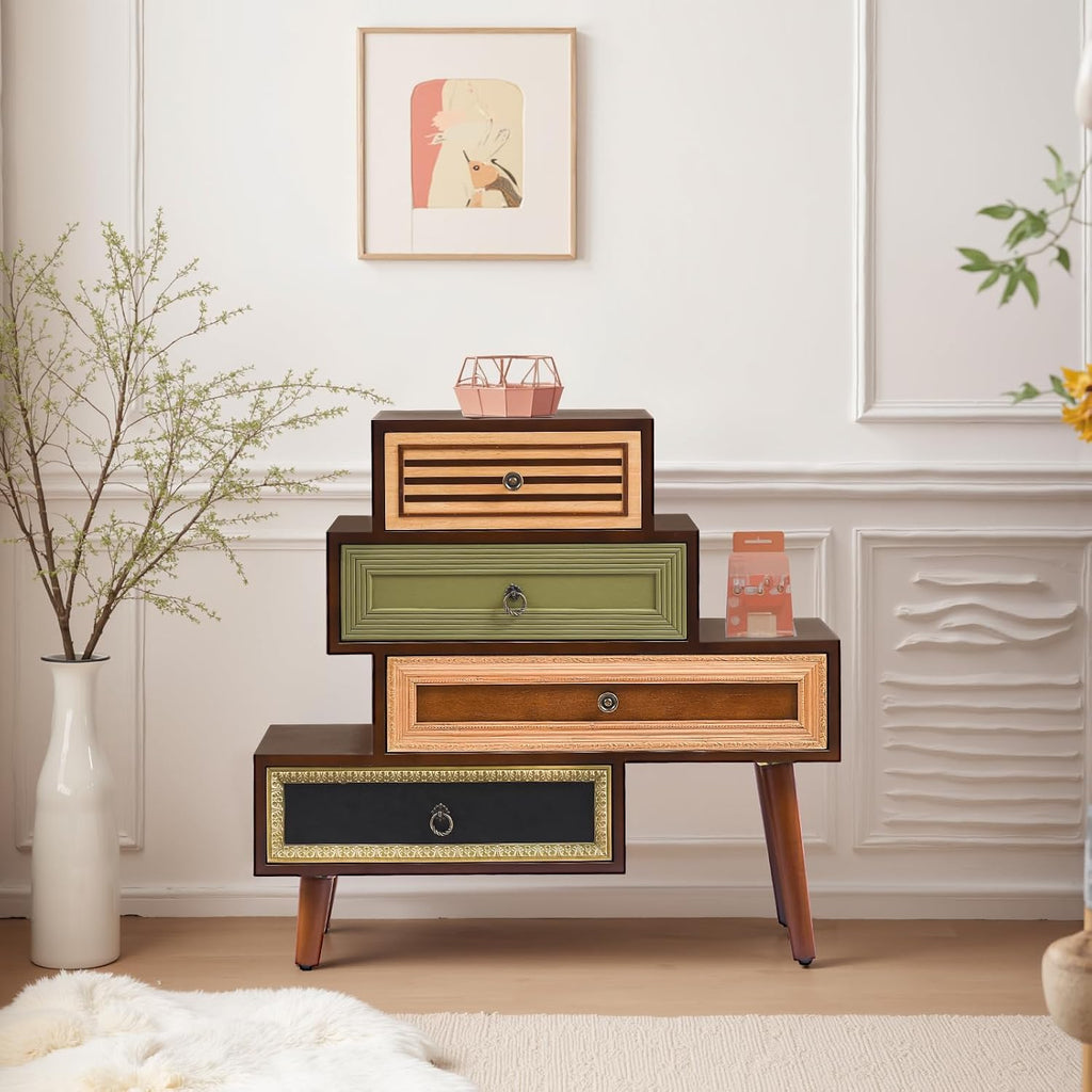 Vintage Accent Chest with 4 Drawers, Asymmetrical Stacked Design, Multicolored Hand-Carved Decorative Rustic Cabinet