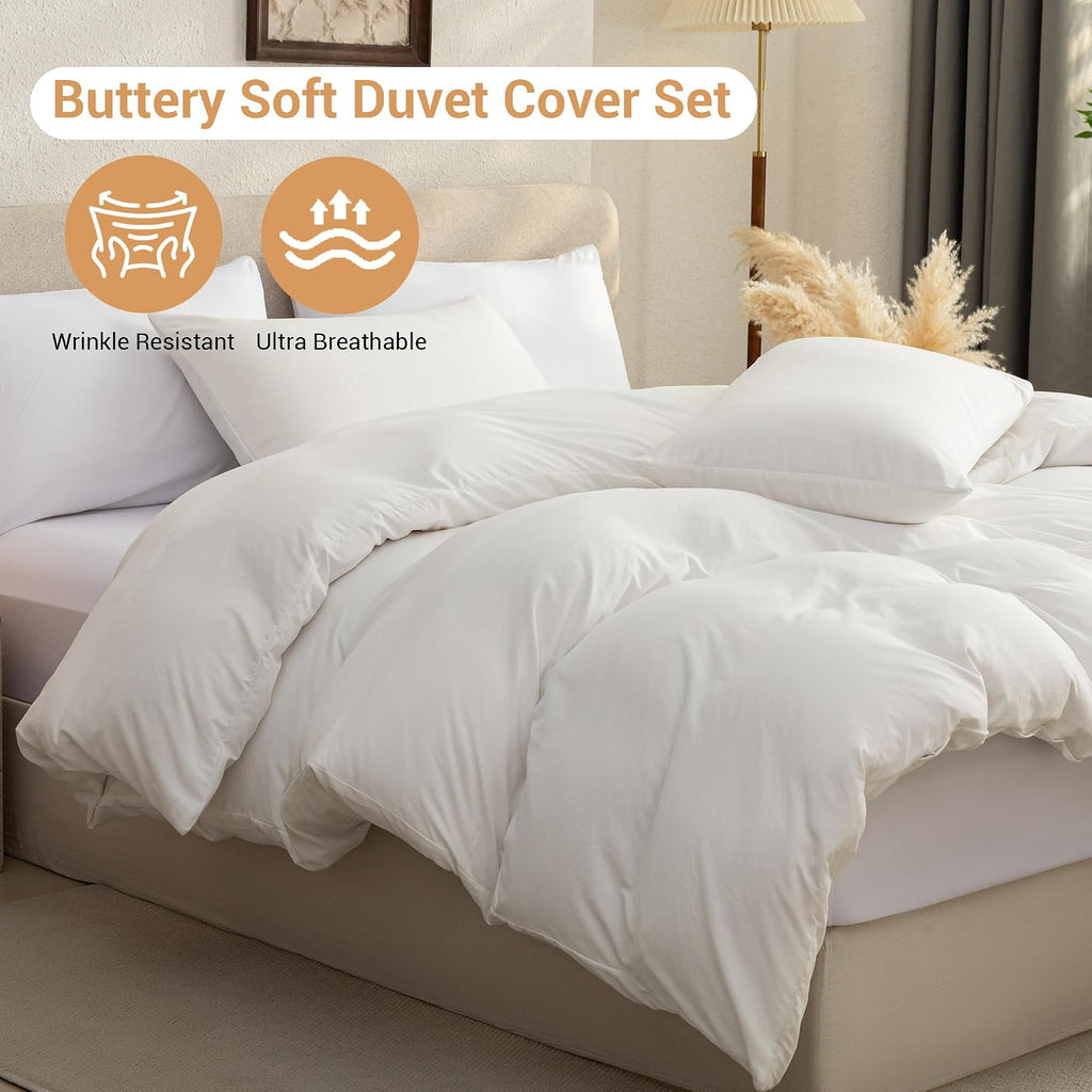 White Queen Duvet Cover Set - 3 Piece Soft Prewashed Microfiber Bedding, Breathable Comforter Cover with Zipper & 8